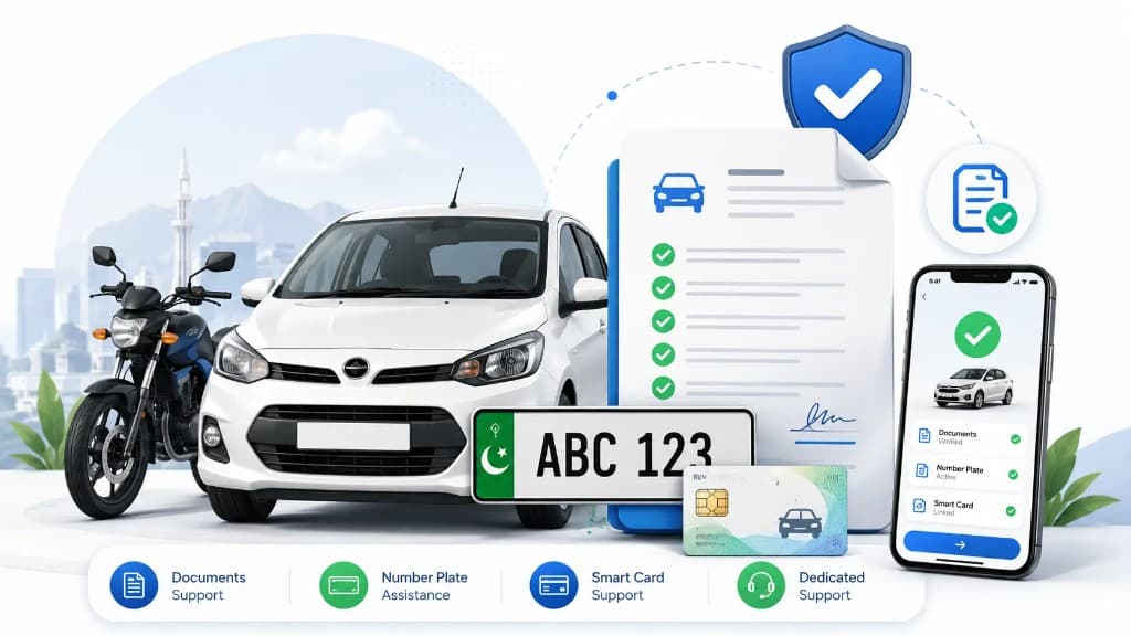 PakExcise vehicle documents, number plate, smart card, and registration support illustration